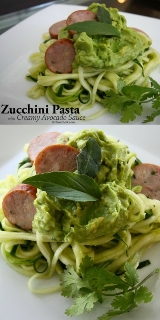 healthy zucchini pasta with creamy avocado sauce
